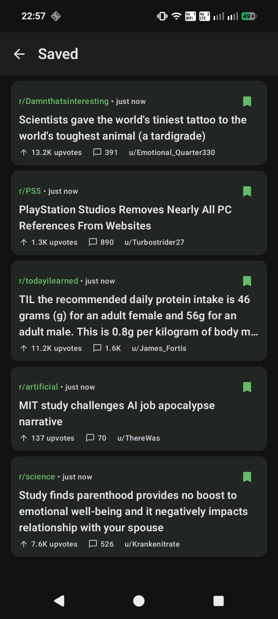 Rivela Saved posts screen showing bookmarked Reddit posts