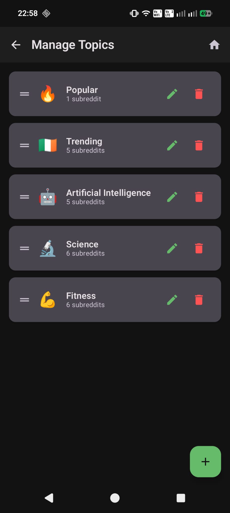 Rivela Manage Topics screen showing custom topic feeds
