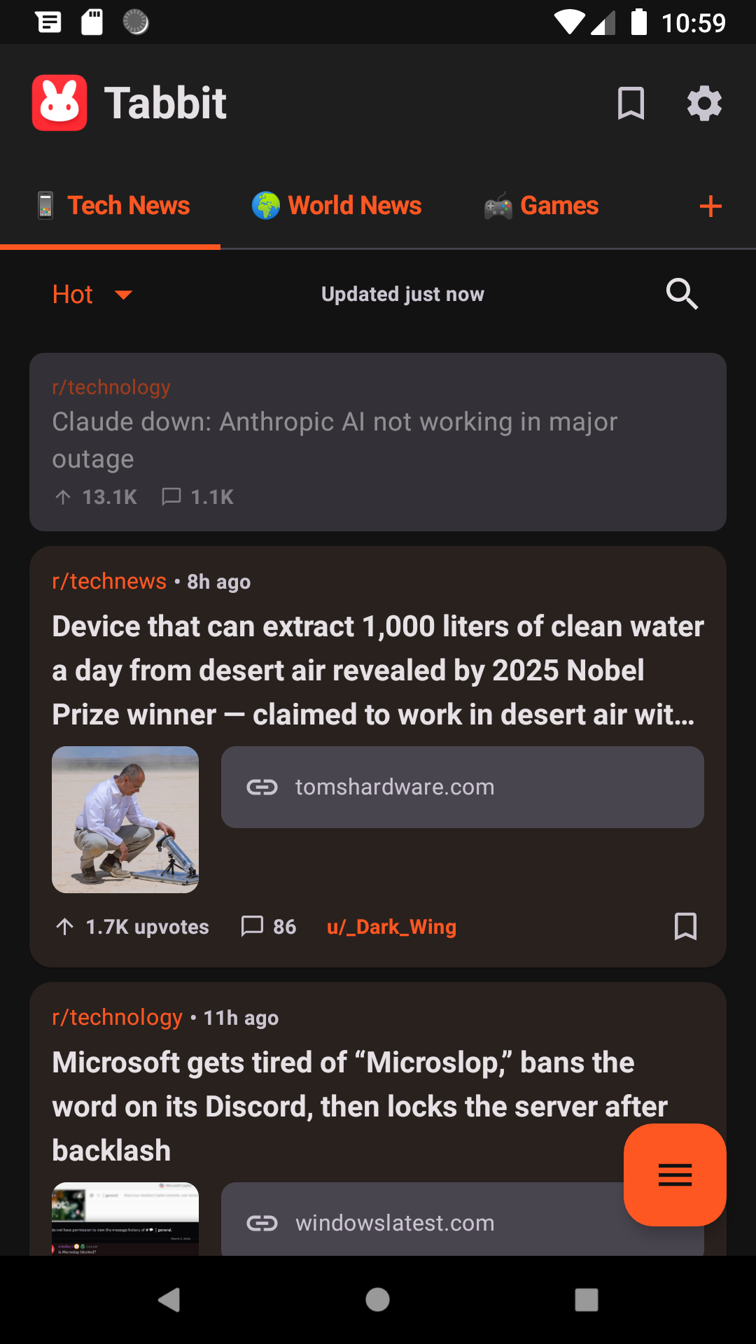 Tabbit feed showing a collapsed read post at top and full unread posts below