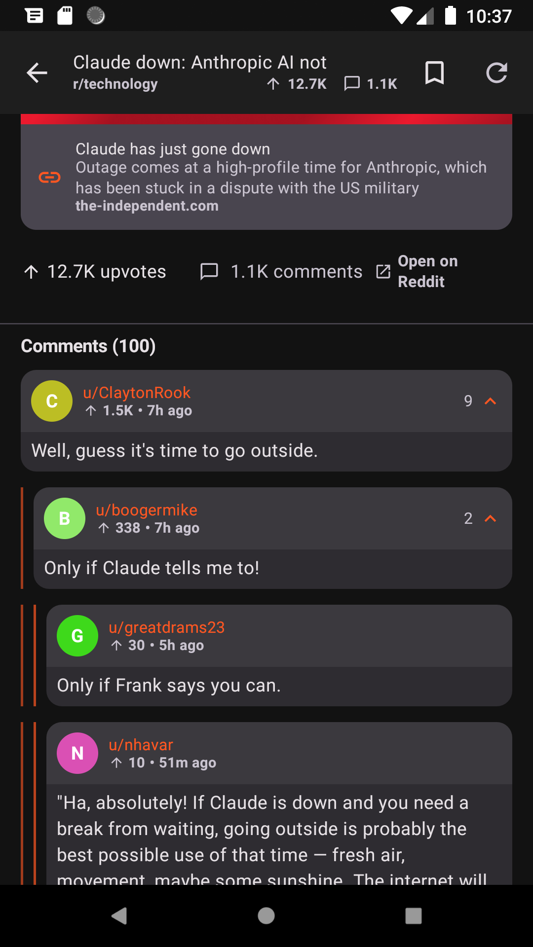 Tabbit post detail showing threaded Reddit comments