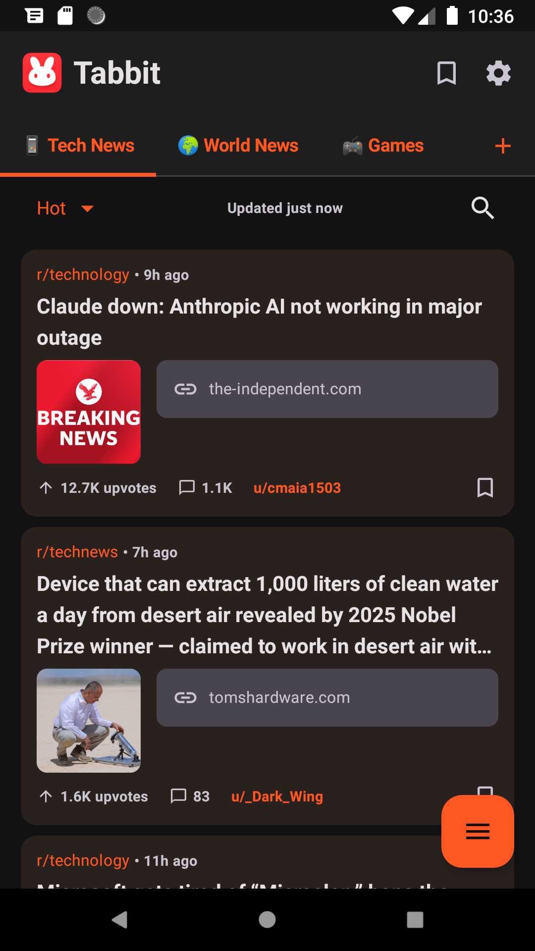 Tabbit app showing a Tech News topic feed with posts from Reddit