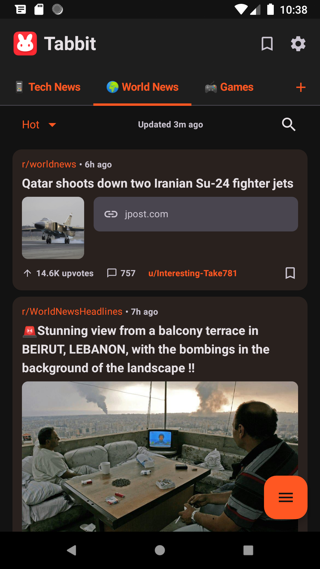 Tabbit World News feed showing a post with an inline image