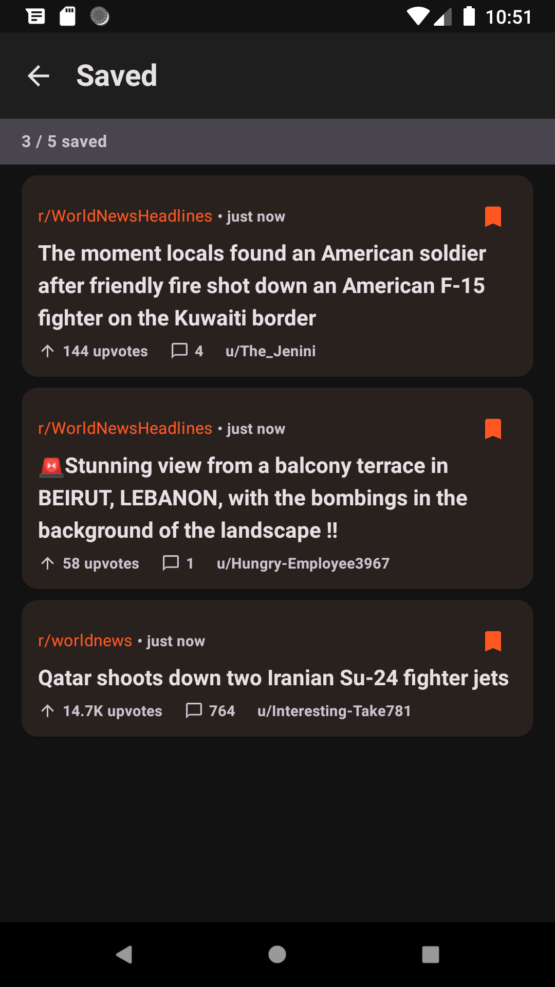 Tabbit Saved posts screen showing three bookmarked Reddit posts