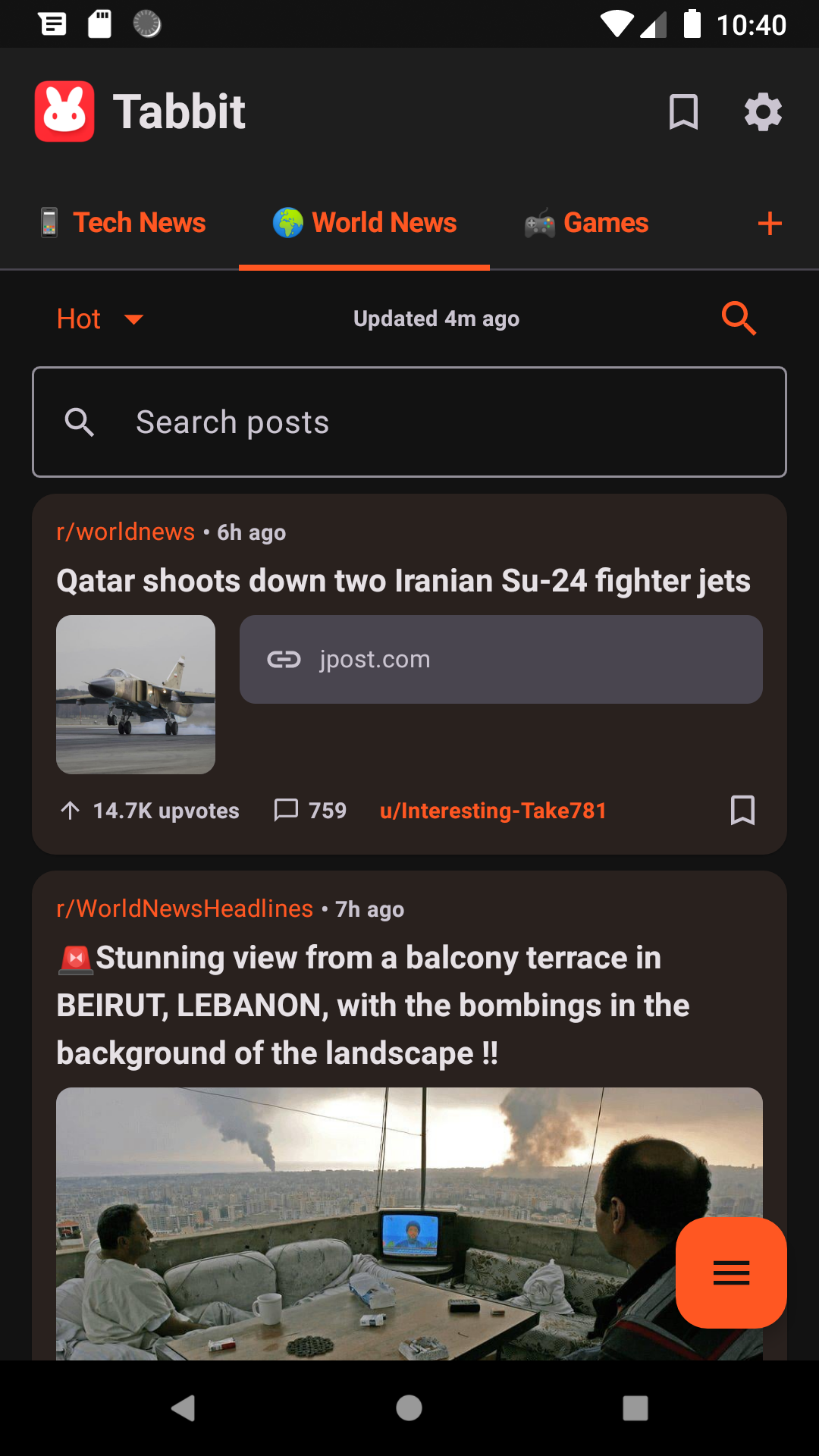 Tabbit feed with search bar open