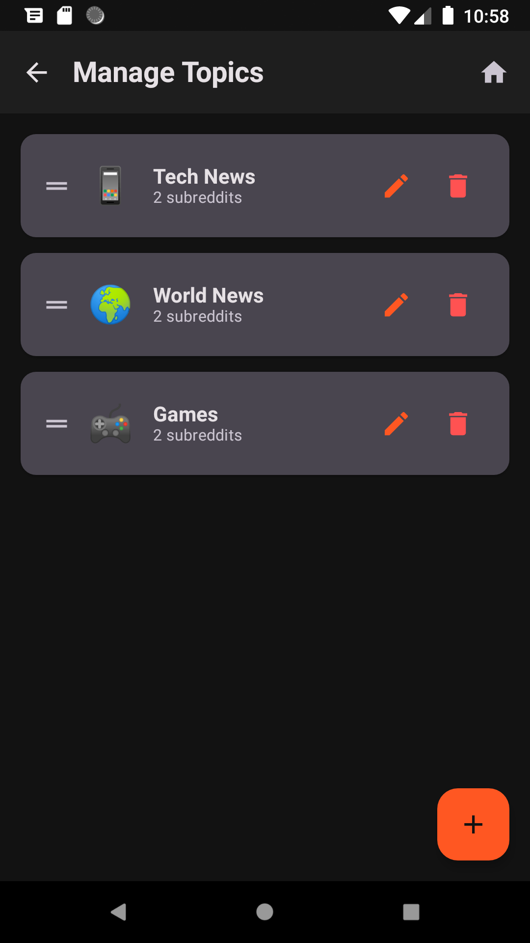 Tabbit Manage Topics screen showing Tech News, World News and Games topics