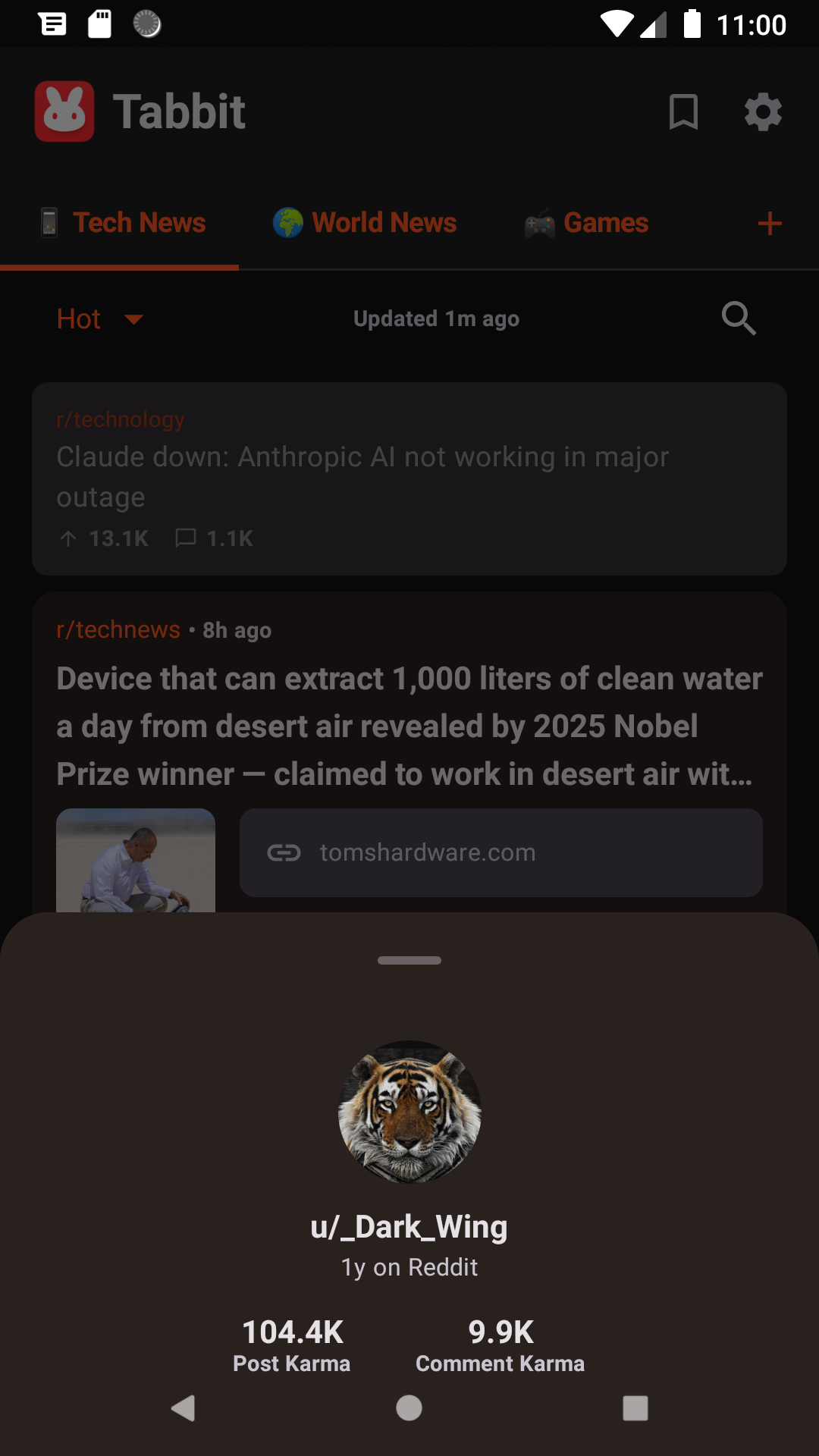 Tabbit user profile preview bottom sheet showing karma stats